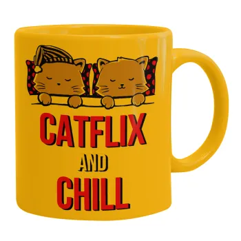 Catflix and Chill, Κούπα, κεραμική κίτρινη, 330ml