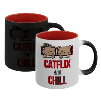 Catflix and Chill, Κούπα Μαγική εσωτερικό κόκκινο, κεραμική, 330ml που αλλάζει χρώμα με το ζεστό ρόφημα