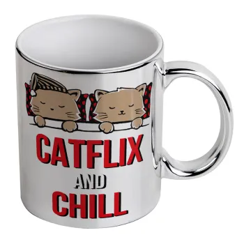 Catflix and Chill, Mug ceramic, silver mirror, 330ml