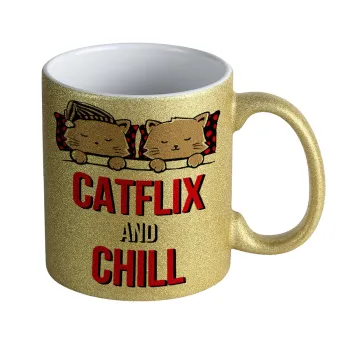 Catflix and Chill, Κούπα Χρυσή Glitter που γυαλίζει, κεραμική, 330ml