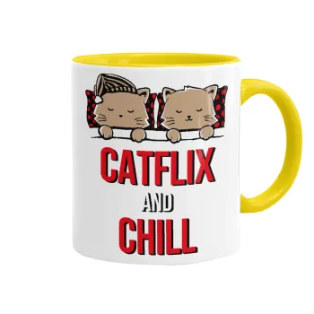 Catflix and Chill, Κούπα χρωματιστή κίτρινη, κεραμική, 330ml