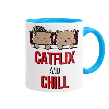 Catflix and Chill, Κούπα χρωματιστή γαλάζια, κεραμική, 330ml