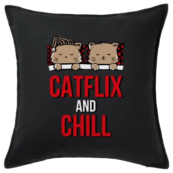 Catflix and Chill, Μαξιλάρι καναπέ Μαύρο 100% βαμβάκι, περιέχεται το γέμισμα (50x50cm)
