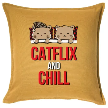 Catflix and Chill, Μαξιλάρι καναπέ Κίτρινο 100% βαμβάκι, περιέχεται το γέμισμα (50x50cm)