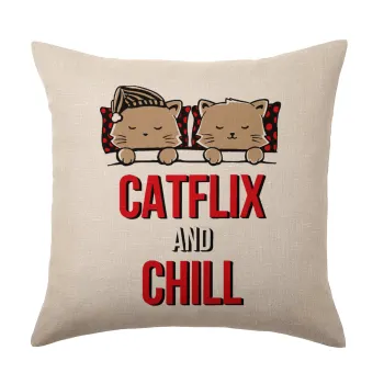 Catflix and Chill, Μαξιλάρι καναπέ ΛΙΝΟ 40x40cm περιέχεται το  γέμισμα