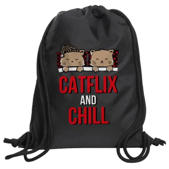 Catflix and Chill, Τσάντα πλάτης πουγκί GYMBAG Μαύρη, με τσέπη (40x48cm) & χονδρά κορδόνια