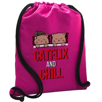 Catflix and Chill, Backpack pouch GYMBAG Fuchsia, with pocket (40x48cm) & thick cords