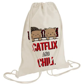Catflix and Chill, Backpack bag GYMBAG natural (28x40cm)