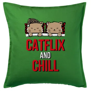 Catflix and Chill, Μαξιλάρι καναπέ Πράσινο 100% βαμβάκι, περιέχεται το γέμισμα (50x50cm)