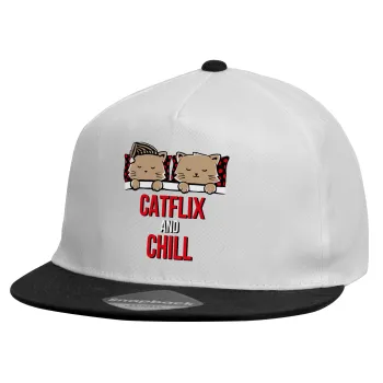 Catflix and Chill, Καπέλο παιδικό Flat Snapback, Λευκό (100% ΒΑΜΒΑΚΕΡΟ, ΠΑΙΔΙΚΟ, UNISEX, ONE SIZE)