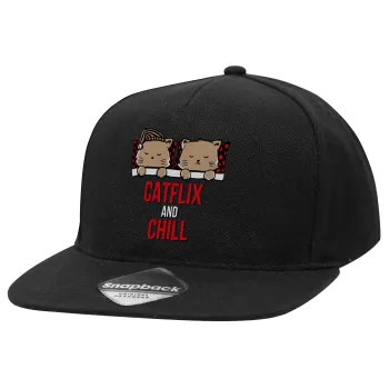 Catflix and Chill, Καπέλο Ενηλίκων Flat Snapback Μαύρο, (100% ΒΑΜΒΑΚΕΡΟ TWILL, ΕΝΗΛΙΚΩΝ, UNISEX, ONE SIZE)