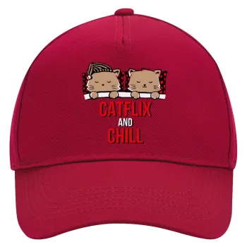 Catflix and Chill, Adult Ultimate Hat RED, (100% COTTON DRILL, ADULT, UNISEX, ONE SIZE)