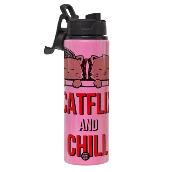 Catflix and Chill, Μεταλλικό παγούρι νερού με καπάκι ασφαλείας, αλουμινίου 850ml