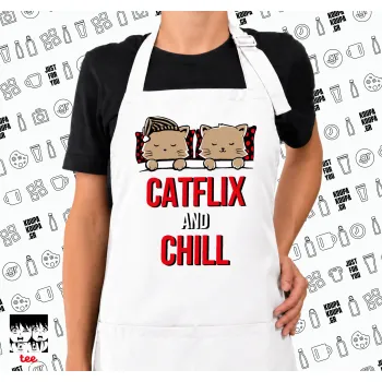Catflix and Chill, Ποδιά μακριά Σεφ ολόσωμη με τσέπες white (ΕΝΗΛΙΚΩΝ)