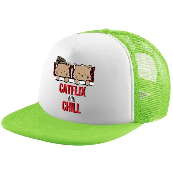 Catflix and Chill, Child's Soft Trucker Hat with Green/White Mesh (POLYESTER, CHILDREN'S, ONE SIZE)