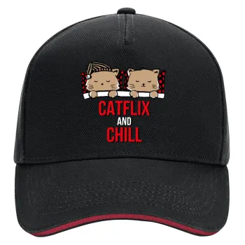 Catflix and Chill, DRILL Adult Ultimate Hat BLACK/RED, (100% COTTON, ADULT, UNISEX, ONE SIZE)