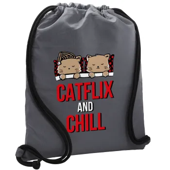 Catflix and Chill, Τσάντα πλάτης πουγκί GYMBAG ΓΚΡΙ, με τσέπη (40x48cm) & χονδρά κορδόνια