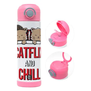 Catflix and Chill, Παιδικό παγούρι θερμό, ανοξείδωτο, με καλαμάκι ασφαλείας, ΡΟΖ (500ml)