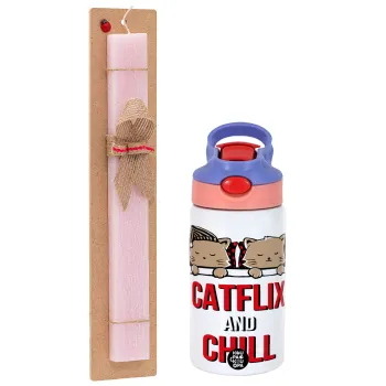 Catflix and Chill, Easter Set, Children's thermal stainless steel water bottle with safety straw, pink/purple (350ml) & Easter scented flat candle (30cm) (PINK)