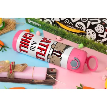 Catflix and Chill, Easter candle, Childrens hot water bottle, stainless steel, with safety straw, PINK (500ml)