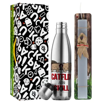 Catflix and Chill, Easter Set, metallic stainless thermos flask (500ml) & scented flat Easter candle (30cm) (GRAY)