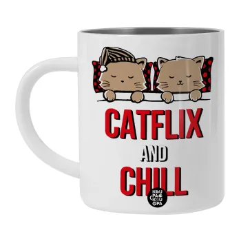 Catflix and Chill, Λευκή Ανοξείδωτη Μεταλλική Κούπα 450ml - Διπλού Τοιχώματος 