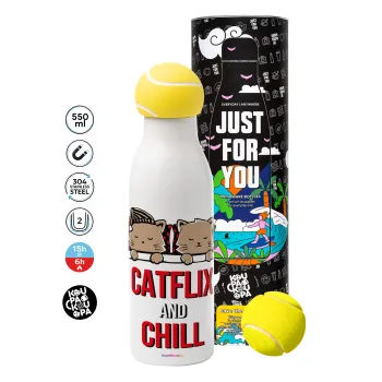 Catflix and Chill, Μπάλα τένις μεταλλικό παγούρι θερμός, διπλού τοιχώματος, 550ml