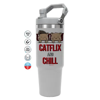 Catflix and Chill, GREY color, 890ml (30oz) stainless Steel Tumbler with Handle