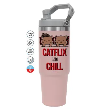 Catflix and Chill, Pink color, 890ml (30oz) stainless Steel Tumbler with Handle