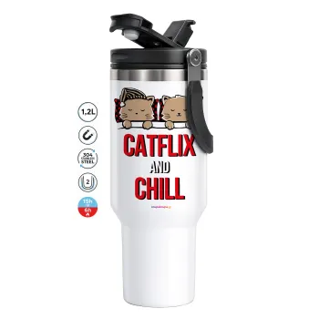 Catflix and Chill, Mega Stainless steel Tumbler with lid, double wall 1,2L
