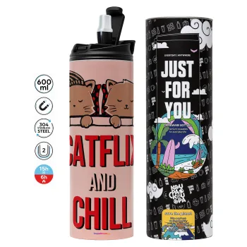 Catflix and Chill, Tumbler stainless steel PINK 600ml