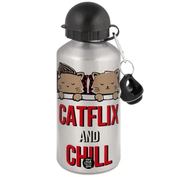 Catflix and Chill, Μεταλλικό παγούρι νερού, Ασημένιο, αλουμινίου 500ml