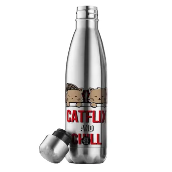Catflix and Chill, Μεταλλικό παγούρι θερμός Inox (Stainless steel), διπλού τοιχώματος, 500ml
