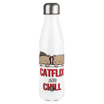 Catflix and Chill, Μεταλλικό παγούρι θερμός Λευκό (Stainless steel), διπλού τοιχώματος, 500ml