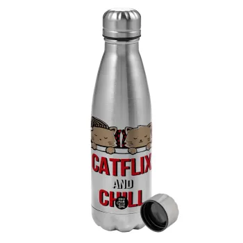 Catflix and Chill, Metallic water bottle, stainless steel, 750ml