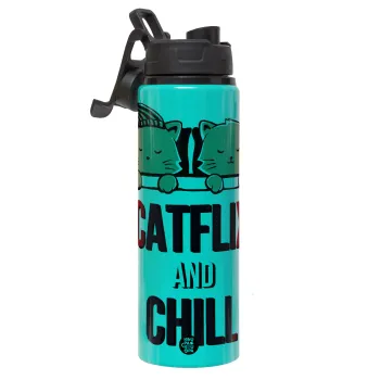 Catflix and Chill, Μεταλλικό παγούρι νερού με καπάκι ασφαλείας, αλουμινίου 850ml
