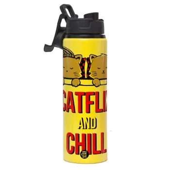 Catflix and Chill, Μεταλλικό παγούρι νερού με καπάκι ασφαλείας, αλουμινίου 850ml