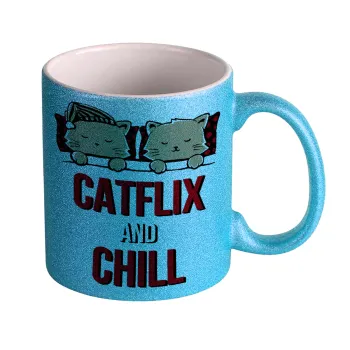 Catflix and Chill, Κούπα Σιέλ Glitter που γυαλίζει, κεραμική, 330ml