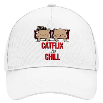 Catflix and Chill, Καπέλο Ενηλίκων Baseball, Drill, Λευκό (100% ΒΑΜΒΑΚΕΡΟ, ΕΝΗΛΙΚΩΝ, UNISEX, ONE SIZE)