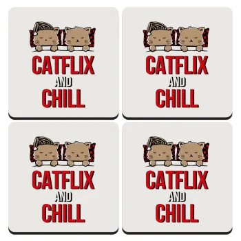 Catflix and Chill, ΣΕΤ 4 Σουβέρ ξύλινα τετράγωνα (9cm)