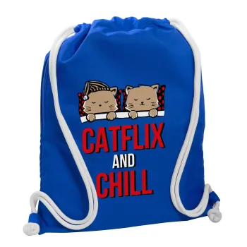 Catflix and Chill, Τσάντα πλάτης πουγκί GYMBAG Μπλε, με τσέπη (40x48cm) & χονδρά κορδόνια