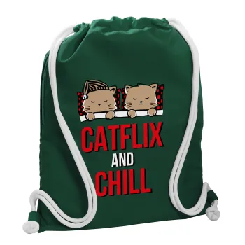 Catflix and Chill, Τσάντα πλάτης πουγκί GYMBAG BOTTLE GREEN, με τσέπη (40x48cm) & χονδρά λευκά κορδόνια