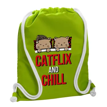 Catflix and Chill, Τσάντα πλάτης πουγκί GYMBAG LIME GREEN, με τσέπη (40x48cm) & χονδρά κορδόνια