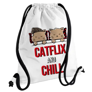 Catflix and Chill, Backpack pouch GYMBAG white, with pocket (40x48cm) & thick cords