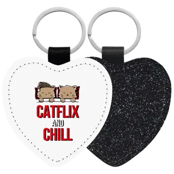 Catflix and Chill, Μπρελόκ PU δερμάτινο glitter καρδιά ΜΑΥΡΟ