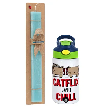 Catflix and Chill, Easter Set, Children's thermal stainless steel bottle with safety straw, green/blue (350ml) & aromatic flat Easter candle (30cm) (TURQUOISE)