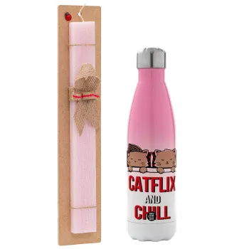 Catflix and Chill, Easter Set, Metallic pink/white (Stainless steel) thermos, double-walled, 500ml & aromatic flat Easter candle (30cm) (PINK)