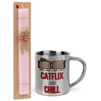 Catflix and Chill, Easter Set, metallic thermal cup (300ml) & aromatic flat Easter candle (30cm) (PINK)