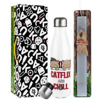 Catflix and Chill, Πασχαλινή Λαμπάδα με μεταλλικό παγούρι θερμός λευκός (500ml) & λαμπάδα αρωματική πλακέ (30cm) (ΓΚΡΙ)