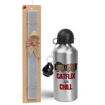Catflix and Chill, Easter Set, metallic silver aluminum water bottle (500ml) & aromatic flat Easter candle (30cm) (GRAY)